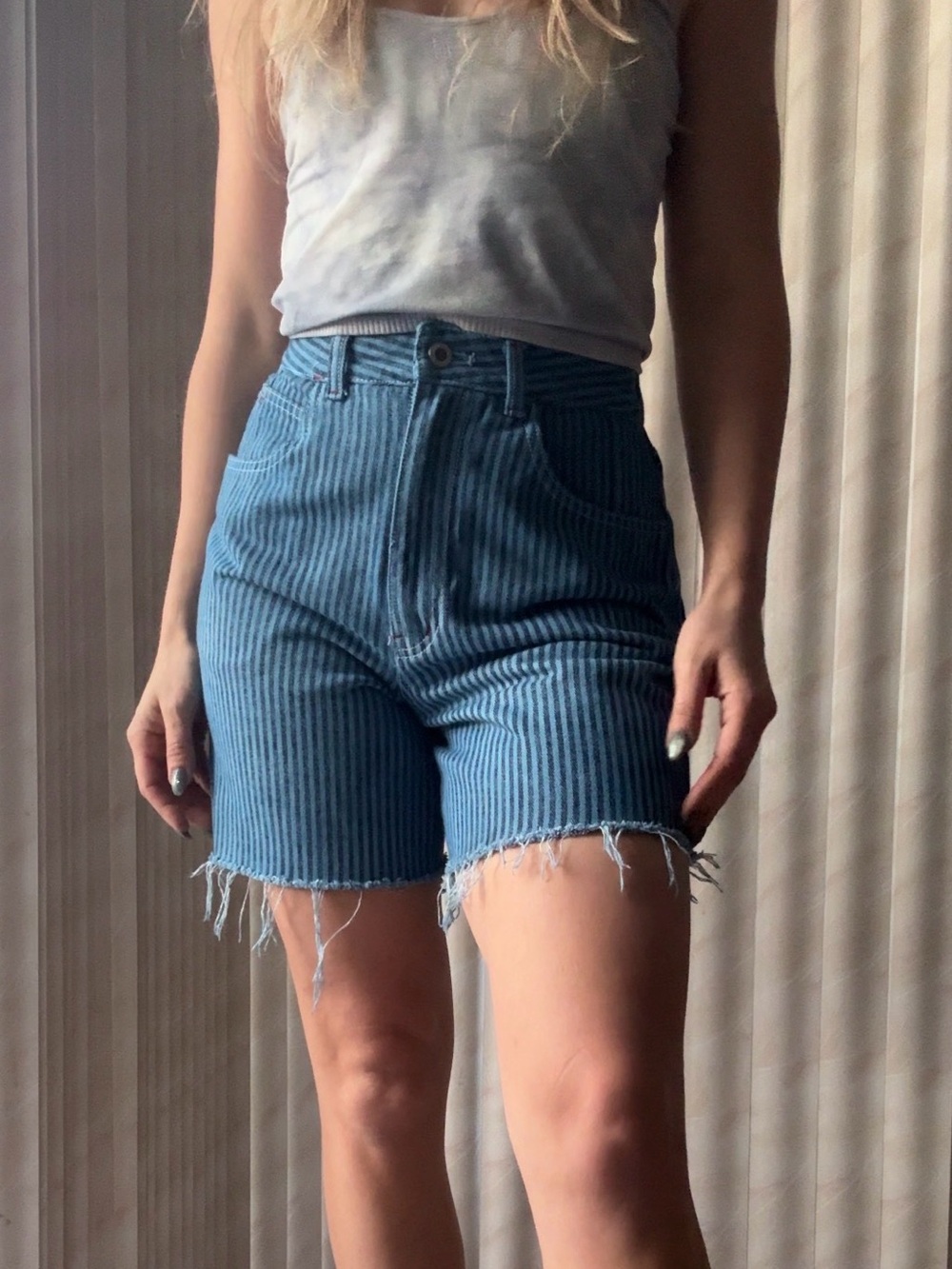 Lee Blue Striped Frayed Hem Jean Shorts